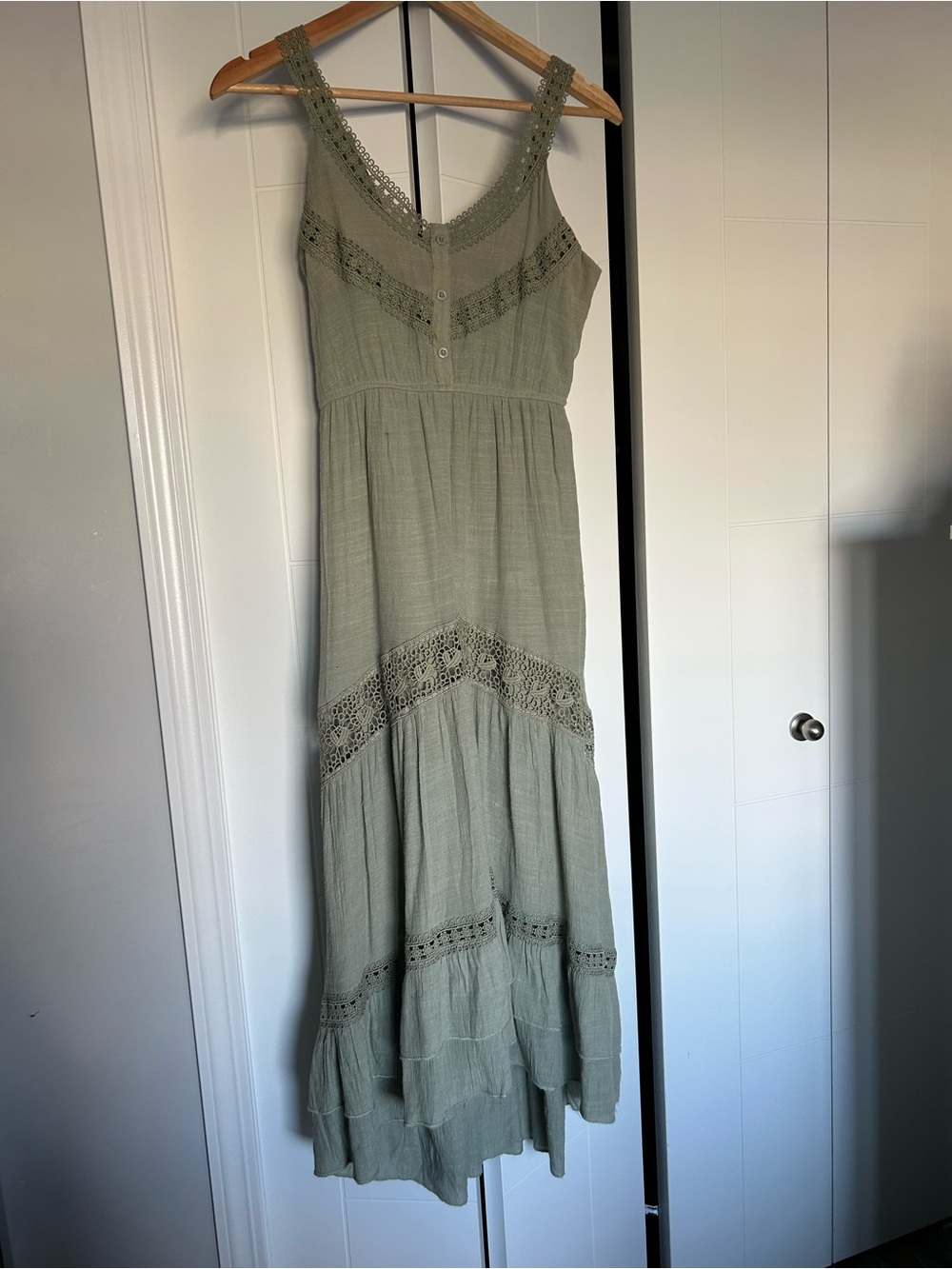 Rebellion Sage Green Crochet-Trim Midi Dress